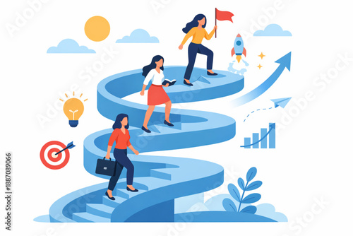 Women walking upward along spiral path representing continuous growth and ambition in animated flat vector scene