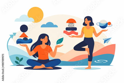 Women balancing abstract elements in harmony symbolizing resilience and adaptability in flat vector style