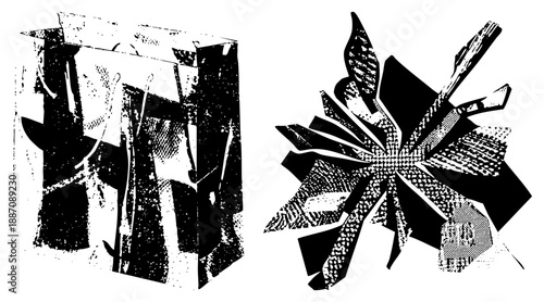 Abstract Black and White Gift Bag and Ornamental Bow Vector Illustration