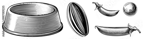 Vintage Illustrated Pet Food Bowl and Pea Pod with Eggplant Sketches