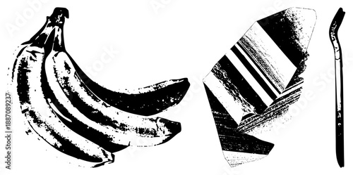 Black and White Vector Illustration of Bananas, Crayon, and Pencil