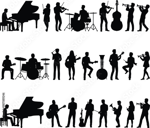 Musician band silhouettes set featuring piano guitar drums trumpet saxophone violin and bass players performing jazz rock orchestra music isolated white background