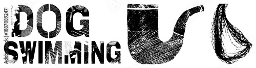 Stylized Text and Set Featuring Dog Swimming, Pipe, and in Halftone Vector Design