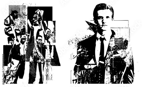 Bold Halftone Portrait of Man in Suit with Geometric Overlay