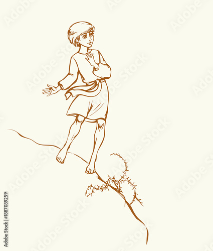 Vector drawing. Young boy going through dangerous way