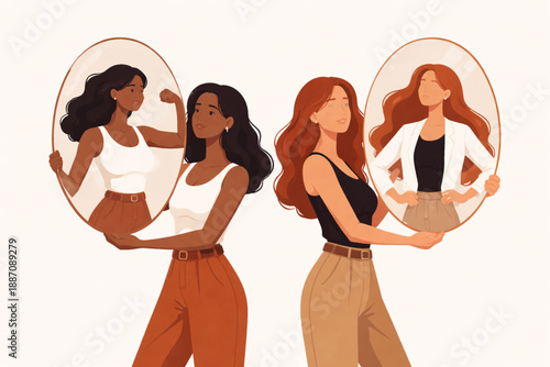 Women holding abstract mirrors reflecting strength and confidence in minimal elegant flat vector style