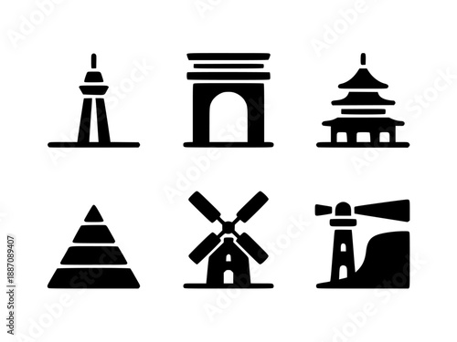 Set of 6 landmarks and monuments vector icons isolated PNG with Transparent Background