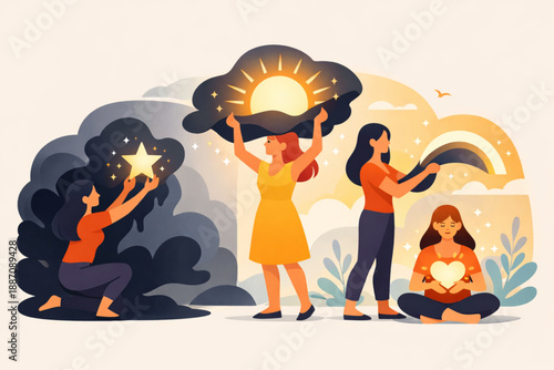 Women transforming abstract shadows into light filled shapes in clean flat design symbolic and uplifting