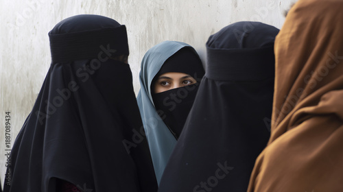 Realistic portrayal of women under Taliban rule, adhering to strict Islamic dress codes with mandatory hijab and full-body covering. Highlights gender-based oppression, severe rest