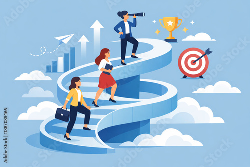 Women walking upward along spiral path representing continuous growth and ambition in animated flat vector scene