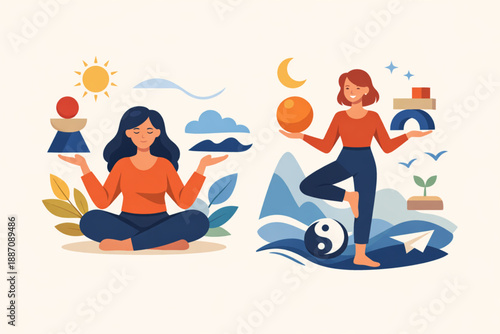 Women balancing abstract elements in harmony symbolizing resilience and adaptability in flat vector style