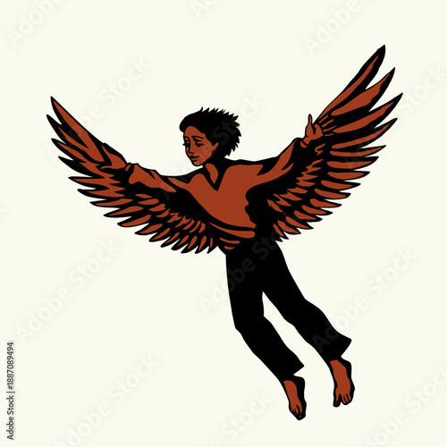 Vector drawing. A boy flying in the sky