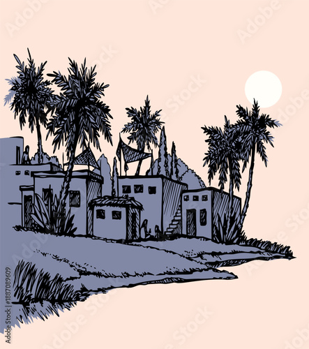 Vector drawing. Old village at river