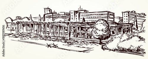 Vector illustration of a building destroyed by an explosion.