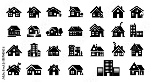 Set of 25 vector house and building icons isolated PNG with Transparent Background