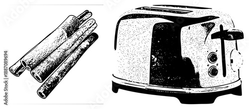 Vintage Toaster and Cinnamon Sticks in Halftone Vector Illustration