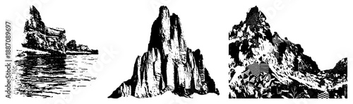 Three Stylized Rock Formations with Halftone and Textures