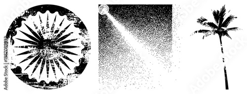 Grunge Sunburst, Halftone Beam, and Palm Tree Vector Silhouettes