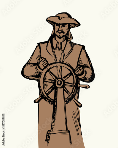 Vector drawing. The captain at the helm