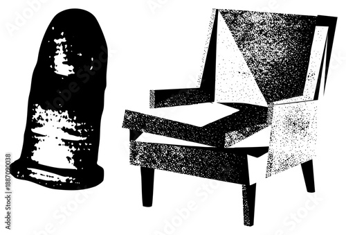 Abstract Black and White Chair and Sculpture Vector Illustration
