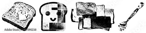 Four Black and White Vector Illustrations of Toast and Honey Dipper