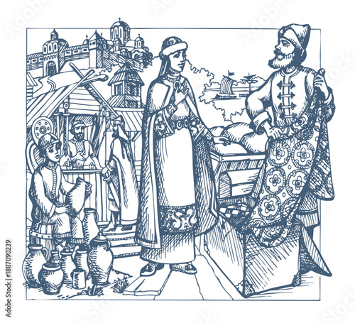 Vector drawing. Man sells a fabric om ancient market