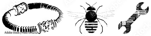 Three Black and White Vector Hose, Bee, and Wrench with Textured