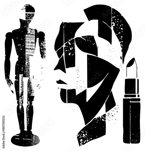 Abstract Black and White Mannequin and Makeup Artistry Silhouette