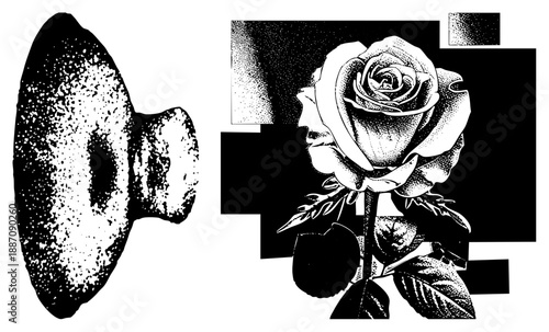 Vintage Stone and Rose Rendered in Halftone Vector Art