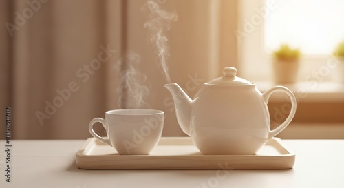 Wallpaper Mural A cozy morning scene with a white teapot and a cup of hot, steaming tea on a tray, illuminated by soft window light Torontodigital.ca