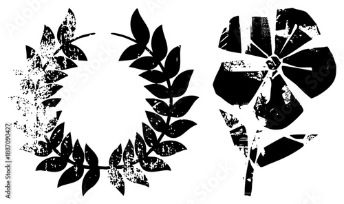 Vintage Grunge Laurel Wreath and Flower Stencil Silhouettes