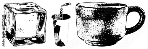 Vintage Style Ice Cube, Soda Cup with Straw, and Speckled Coffee Mug