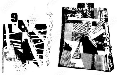 Abstract Geometric Fragmented Forms in High Contrast Halftone Style