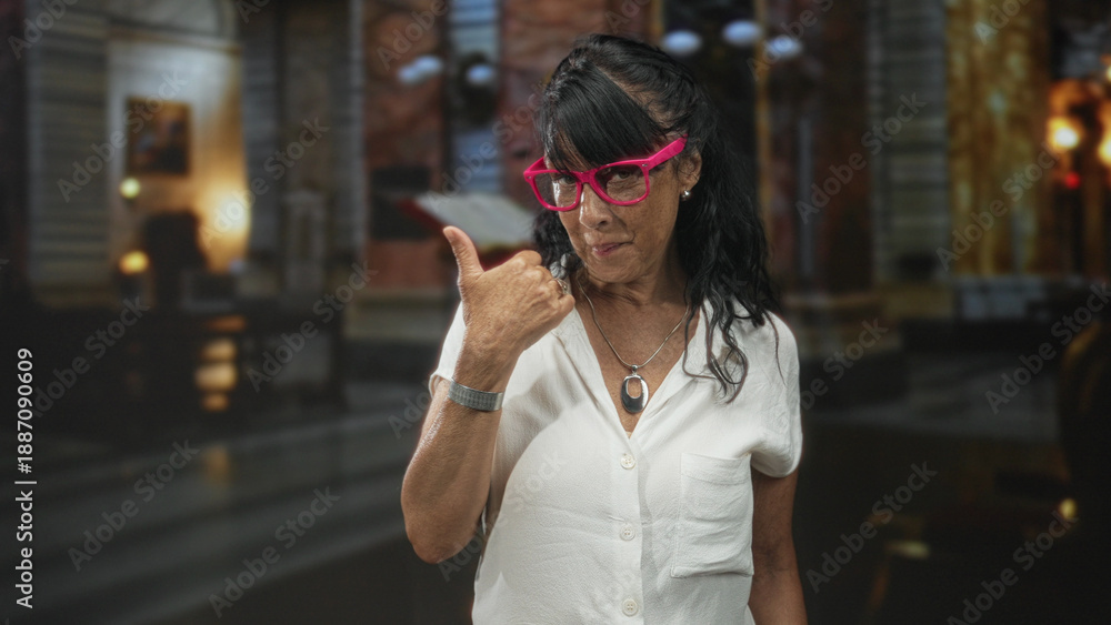 Obraz premium Senior hispanic woman wearing bright pink glasses smiles and shows shaka hand gesture with thumb and little finger near face in ornate building; cheerful warmth.