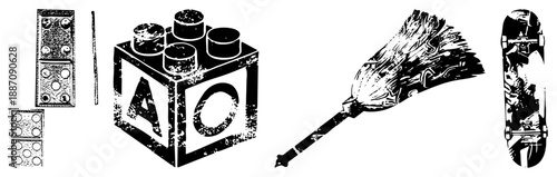 Vintage Toy Block with Letters A and O,, Broom, and Skateboard Vector Set