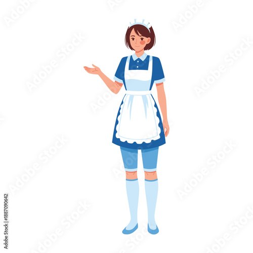 Friendly maid standing and gesturing with hand