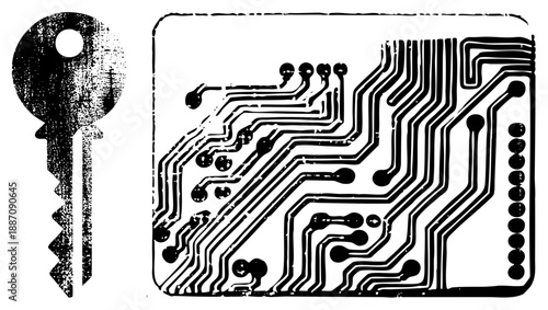 Vintage Key and Circuit Board Symbolizing Digital Access and Security