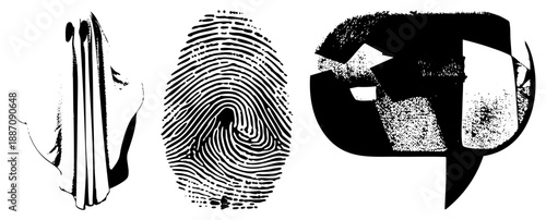 Abstract Black and White Graphic Set Featuring Fingerprint, Speech Bubble, and Brushstroke Elements