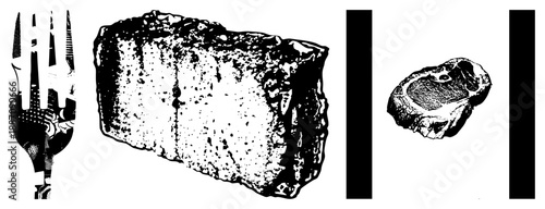 Vintage Fork, Rough Stone Block, and Oyster in Halftone Vector Illustration