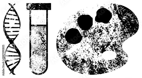 DNA Strand, Test Tube, and Art Palette in Grunge Vector Style