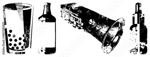 Vintage Bottle and Glass Beverage Containers with Halftone Texture