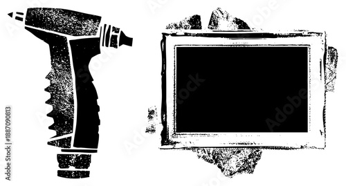 Vintage Style Electric Drill and Framed Mirror with Textured Halftone Effect