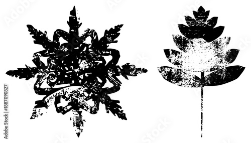 Ornamental Black Silhouettes of Snowflake and Leaf with Distressed Texture