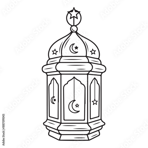 Traditional Islamic Ramadan Lantern Outline with Crescent Moon and Star Decorations