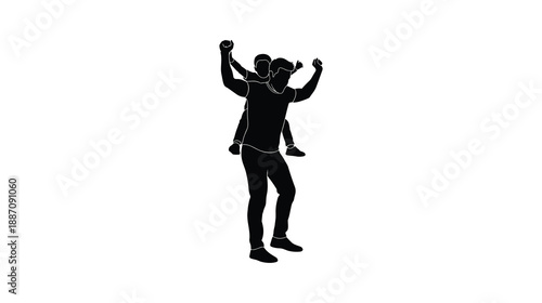 Silhouette of father giving son piggyback ride, arms raised in joy