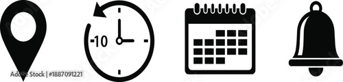 User Interface Utility Icon Set with Location Pin, Time Reminder, Calendar Schedule, and Notification Bell Symbols for App and Web Design