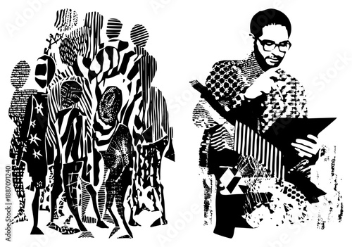 Black and White Halftone Illustration of Diverse Group and Musician