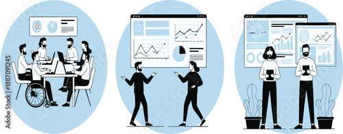 Business Analytics and Team Collaboration Illustration Set with Data Dashboards, Charts, Meetings, and Professional People for Corporate Strategy and Decision Making