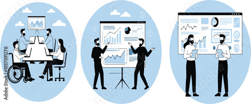 Business Presentation and Data Analysis Illustration Set with Team Meetings, Charts, Dashboards, and Professional Collaboration for Corporate Strategy and Performance Review