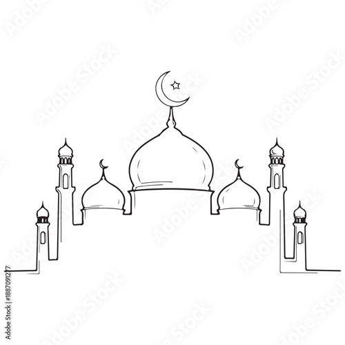 Hand-drawn Mosque Outline Sketch with Domes and Minarets, Minimalist Design